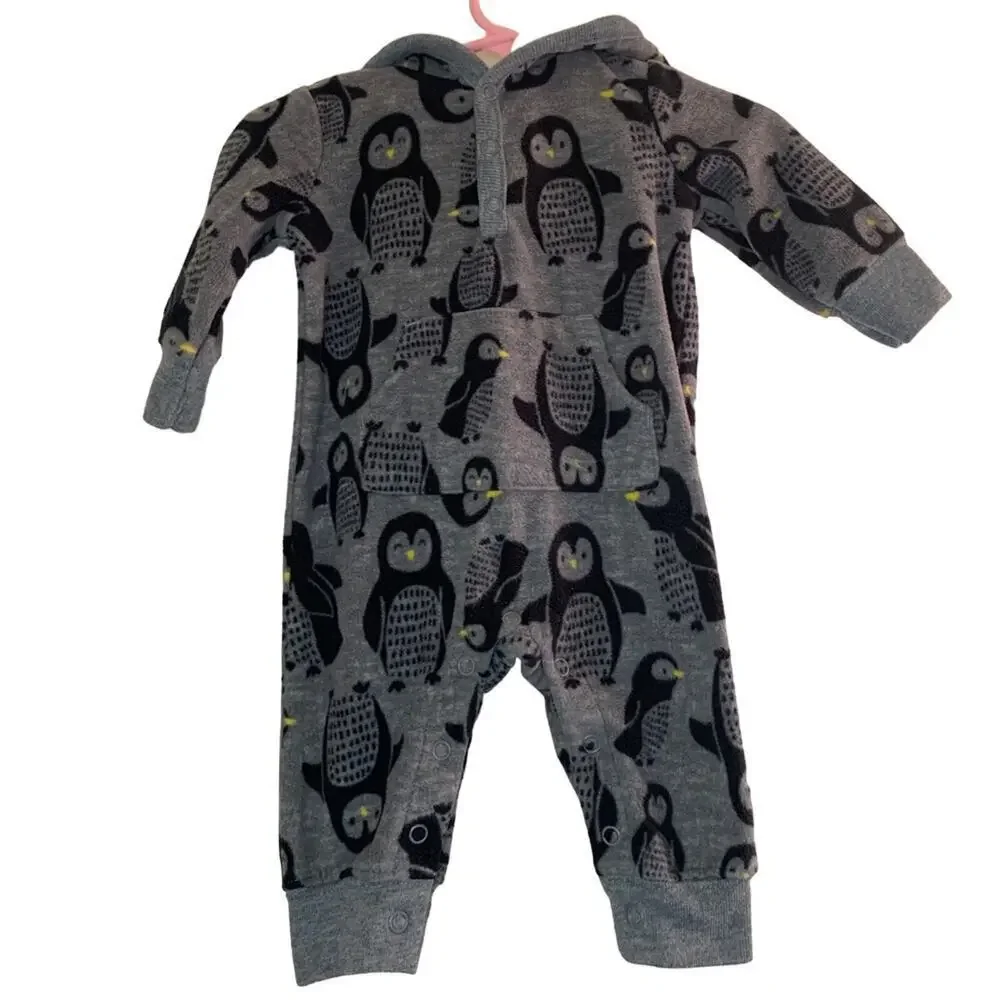 JUST ONE YOU Infant Fleece Penguin One Piece with Sherpa Hood / Size: 3 Months